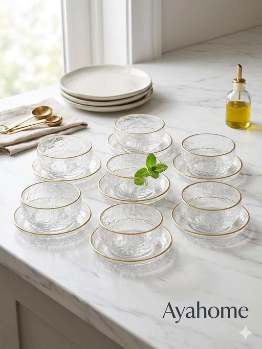 Set 12 Pièces – 6 Bols en Verre & 6 Soucoupes à Bordure Dorée – Design Texturé thumbnail 2