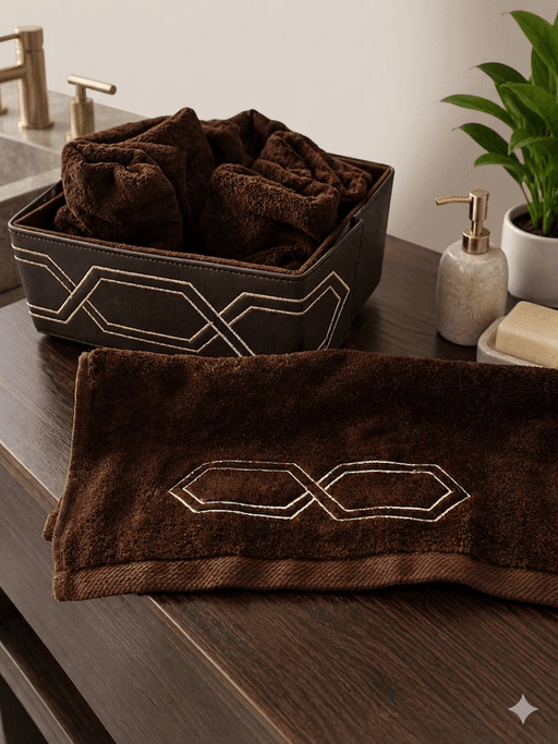 Set De Bain Premium : Panier De Rangement En Cuir & 6 Serviettes Brodées Éponges Velour thumbnail 2
