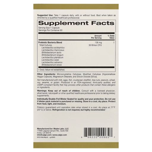 Lactobif® 30 Probiotics, 30 Billion Cfu, 60 Veggie Capsules thumbnail 2