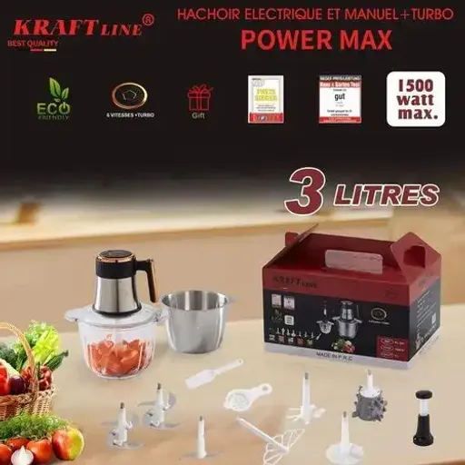 Mixeur Professionnel Hacheur 2 Bols 3 Litres Et Manuel - 1500 Watts thumbnail 1