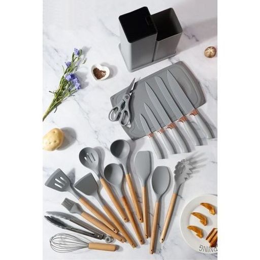 Lot De 19 Ustensiles De Cuisine En Silicone Avec Poignées En Bois, Et Porte-louche thumbnail 1