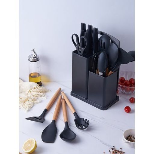 Lot De 19 Ustensiles De Cuisine En Silicone Avec Poignées En Bois, Et Porte-louche thumbnail 1