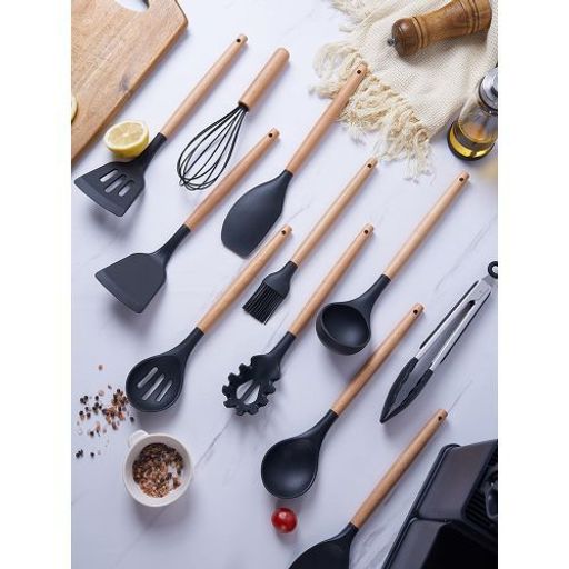 Lot De 19 Ustensiles De Cuisine En Silicone Avec Poignées En Bois, Et Porte-louche thumbnail 3