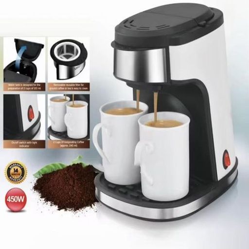 Machine À Café Électrique 450 W – Double Tasse, Filtre Réutilisable, 240 Ml – Préparer 2 Tasses En Quelques Minutes thumbnail 1