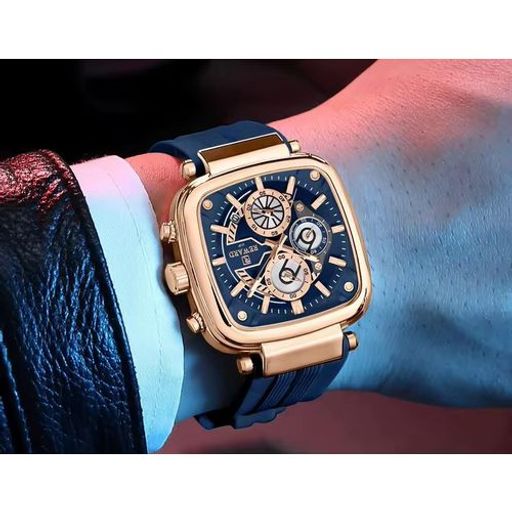 Montre Carrée Avec Bracelet En Silicone, Calendrier, Chronographe thumbnail 2