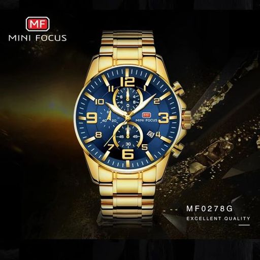 Montre Chronographe Doré Fond Bleu Mouvement Quartz thumbnail 2