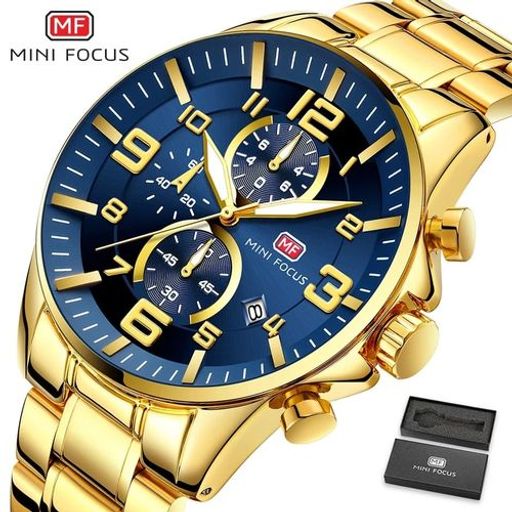 Montre Chronographe Doré Fond Bleu Mouvement Quartz thumbnail 1