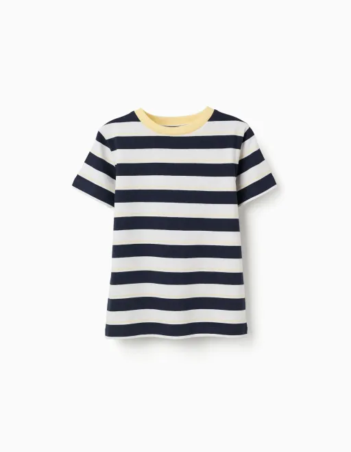 Striped Cotton T-shirt For Boys, White/blue/yellow thumbnail 1