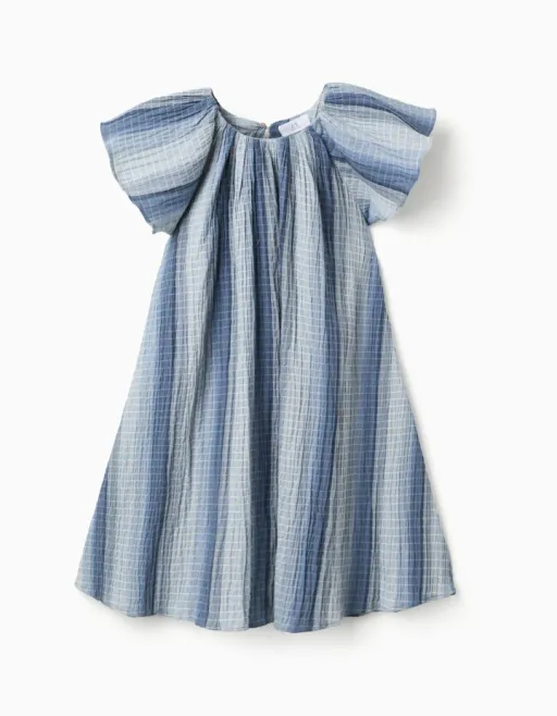 A-line Cotton Dress With Butterfly Sleeves For Girls, Blue thumbnail 1