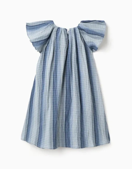 A-line Cotton Dress With Butterfly Sleeves For Girls, Blue thumbnail 2