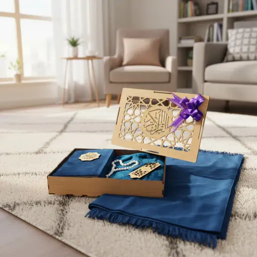 Coffret Cadeau Religieux: Coran, Tapis De Prière , Tasbeeh Et Support En Bois thumbnail 1