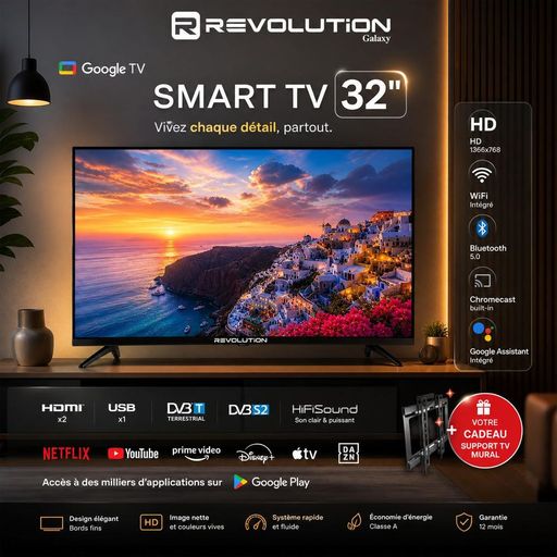 Smart Tv 32 Pouces Google Tv Hd - Wifi - Hdmi - Tnt Intégré - Support Mural Offert thumbnail 2
