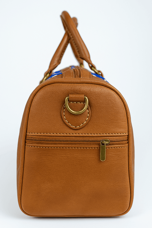 Sac en cuir de couleur havane avec motif marocain bleu thumbnail 3