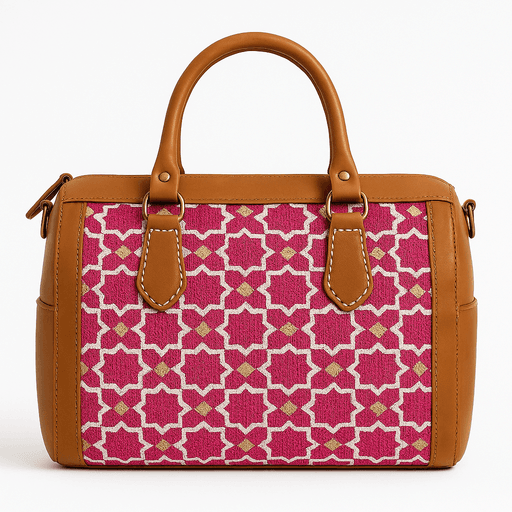 Sac en cuir tan avec motif marocain rose - Pièce unique faite à la main thumbnail 1