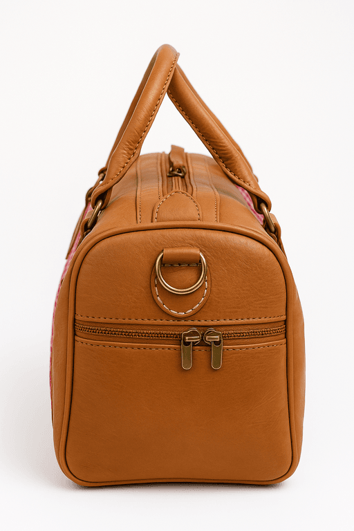 Sac en cuir tan avec motif marocain rose - Pièce unique faite à la main thumbnail 3