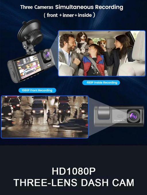 Caméra Embarquée, Enregistreur De Trafic De Bord 3 Voies Super Hd 1296p Avec Application Mobile Et Wi-fi thumbnail 2