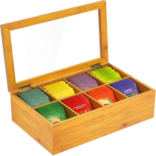 Boîte à thé ( 8 compartiments ) en bambou Rangement Organiseur Pour sachets Infusion Tisane thumbnail 1