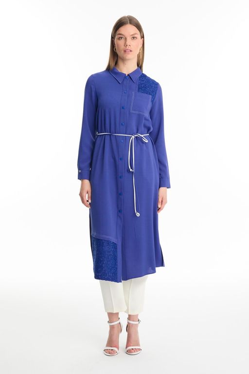 Tunique longue violette à col chemise avec dentelle T-1451 thumbnail 1