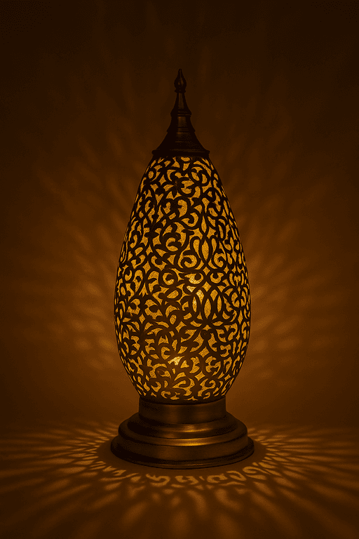 Lampe de table marocaine en laiton – Lampe en métal à motifs anciens pour sol ou console thumbnail 2