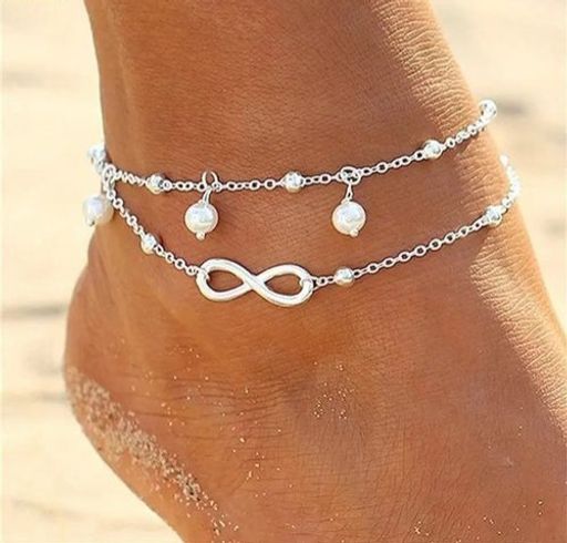 Bracelet de cheville double chaine Infini avec perles Ajustable. thumbnail 1