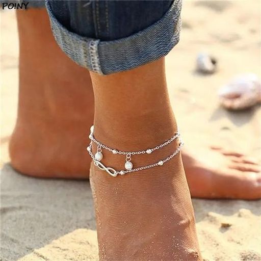 Bracelet de cheville double chaine Infini avec perles Ajustable. thumbnail 4
