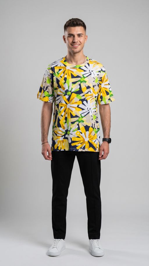 T-shirt Homme À Motif Floral Jaune Et Vert  thumbnail 1