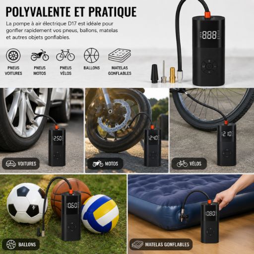 Pompe À Air Électrique D17 Portable Avec Manomètre Numérique Et Lampe Led thumbnail 2
