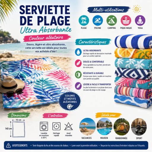 Serviette De Plage Ultra Absorbante – Couleur Aléatoire thumbnail 2