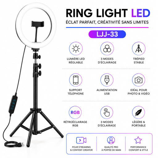 Ring Light Ljj-33 Led Selfie Photographie Youtubeurs Avec Tripod thumbnail 1