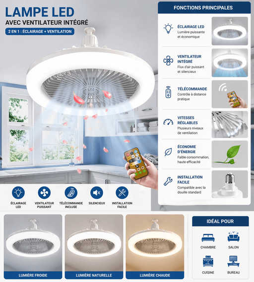 Lampe Led Plafonnier Avec Ventilateur Intégré Et Télécommande – 2en1 Éclairage + Refroidissement (multi Couleur Aléatoire) thumbnail 1