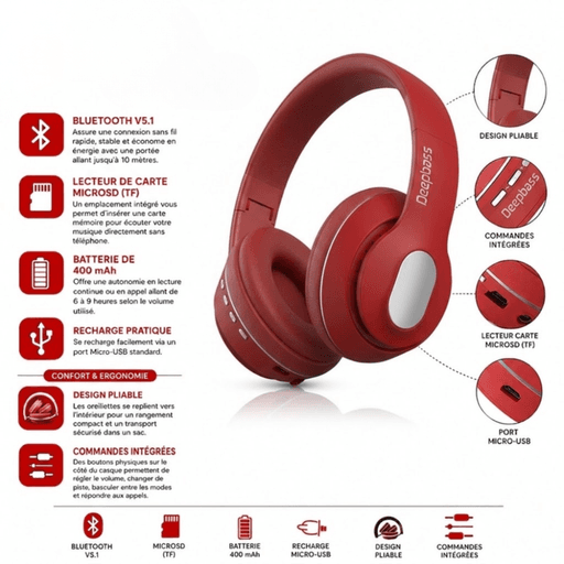 Casque Bluetooth - R8 - Rouge thumbnail 5